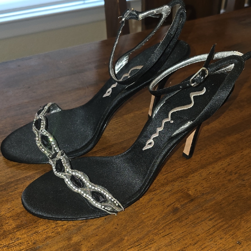 Nina Black and Silver Stiletto Heels with Rhinestone Straps
